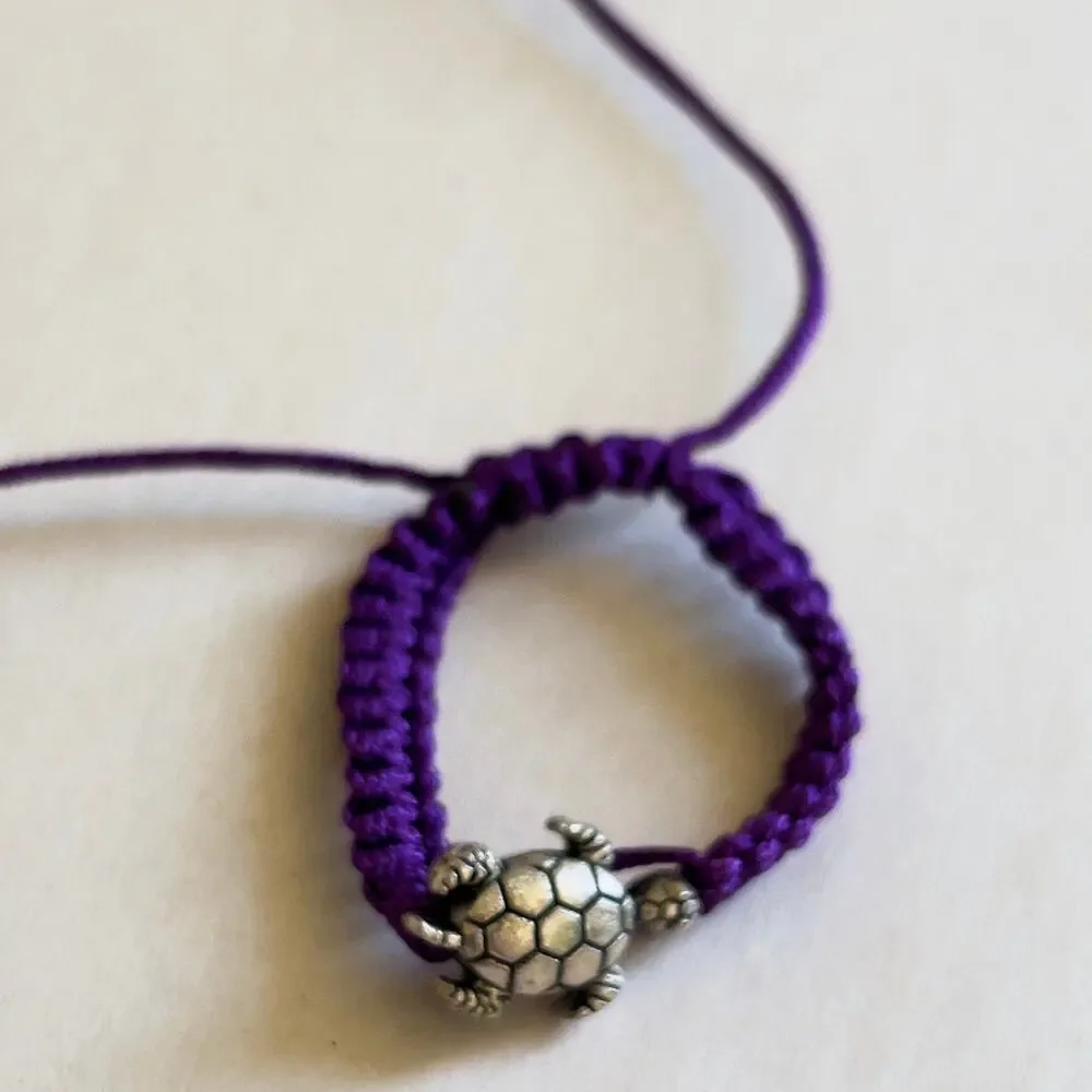 Turtle Purple Adjustable Bracelet Silver Tone Charm Children's Size Handmade
